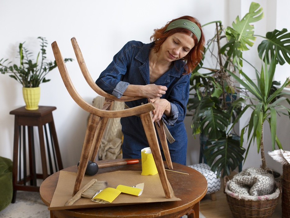 Une femme en train de restaurer une chaise en bois ancienne, définition même de l'upcycling