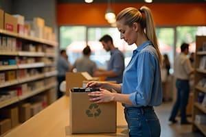 Cliente qui déposes ses cartouches d'encre vides dans un carton de collecte pour le recyclage