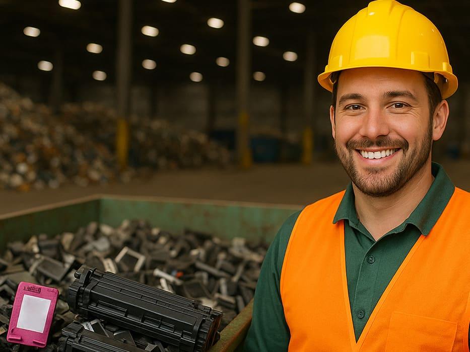 Un employé de site de traitement en train de collecter des cartouches d'encre vides pour les recycler