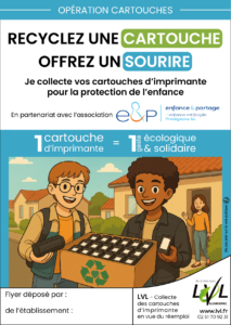 Flyer d'élèves d'écoles, collèges, lycées qui collectent les cartouches d'imprimante des voisins pour le recyclage et soutenir l'association Enfance et Partage