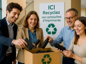 Semaine de réduction des déchets en entreprise avec des collaborateurs qui collecte les cartouches d'imprimante en vue du recyclage